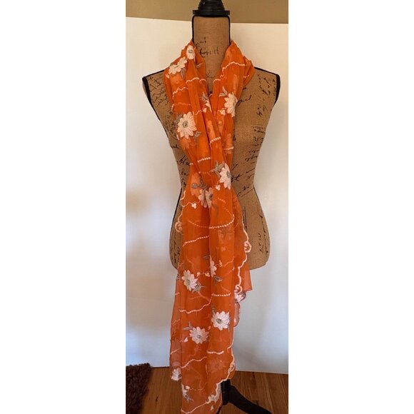 Orange Floral Embroidered Sheer Scarf Wrap Shawl - Picture 3 of 12